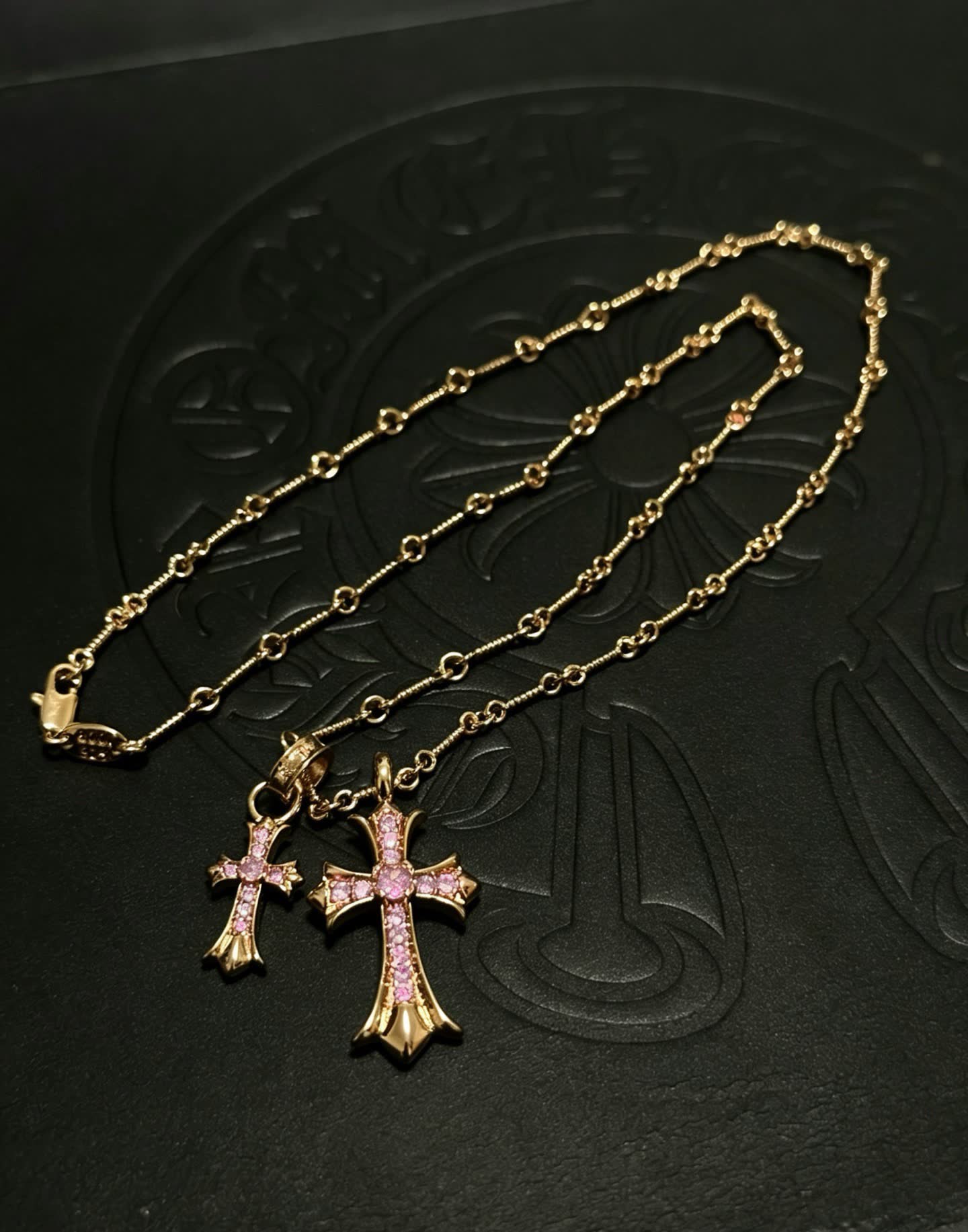 Chrome Hearts Gold Cross Pendant Necklace with Pink Stones